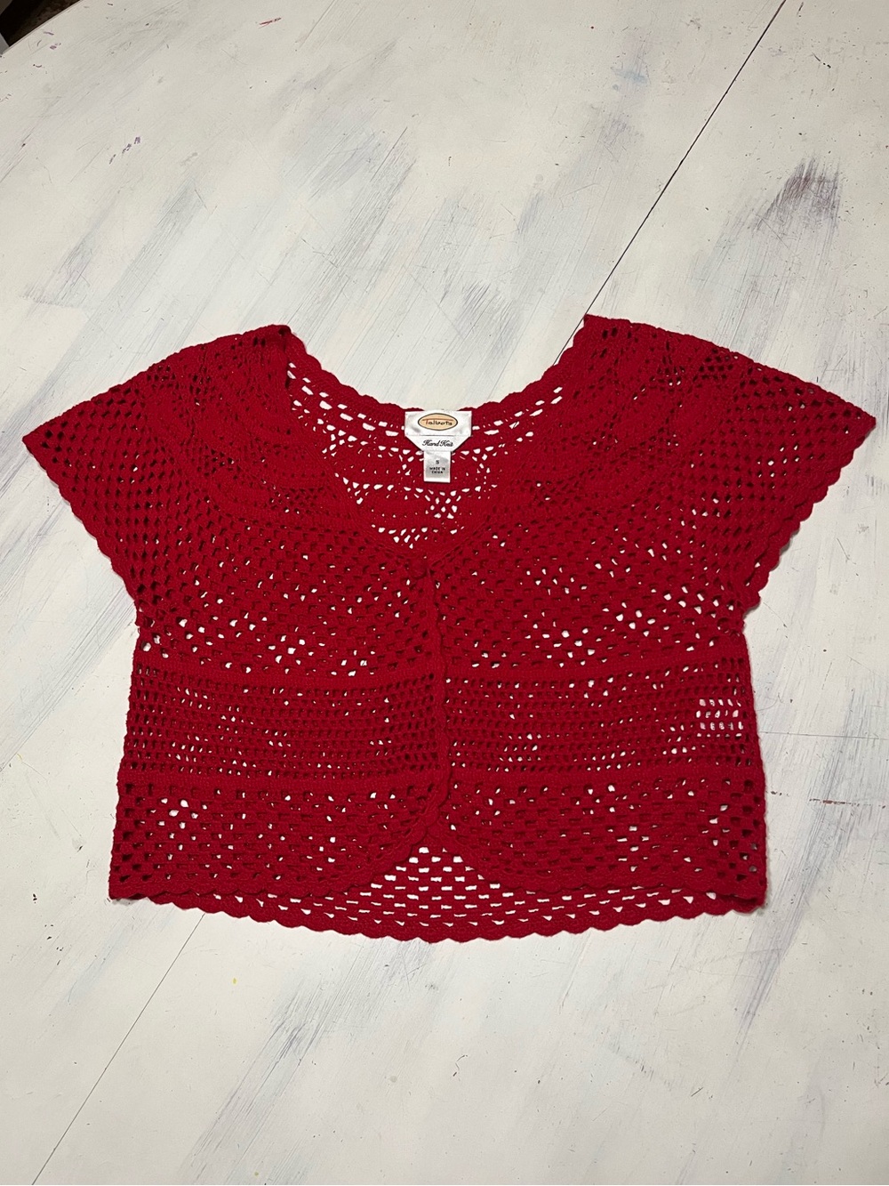 Talbots Hand Knit Open Crotchet Short Sleeve One Button Cropped Sweater Sz S